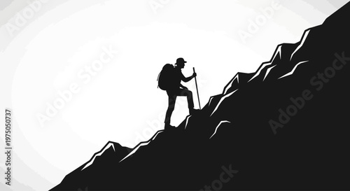 Silhouette of a hiker climbing mountain.