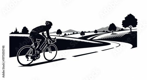 Man Riding Bicycle Down Winding Road.
