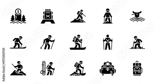 Black icons of people skiing snowboarding.