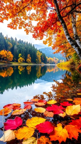 A vibrant autumnal scene reflects in still water. Colorful leaves float, bordered by trees on a distant bank and mountain backdrop