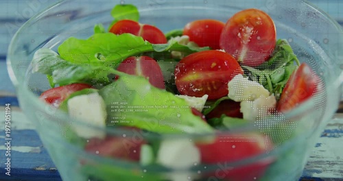 Clear bowl on blue planks, camera zooming in showing tomato detail, dotted map overlaying, food ads