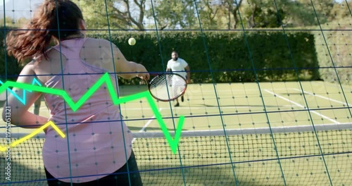 Woman at net preparing volley on incoming ball, sports rally using animated graphs showing swing