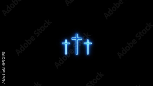 Panoramic wide banner view from inside a dark rocky cave tomb looking out at three crosses on transparent background.