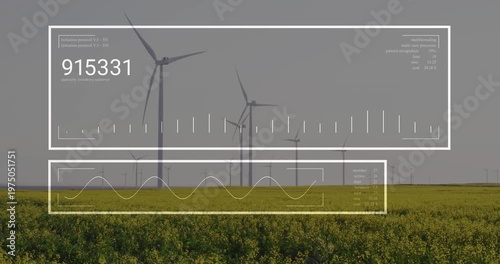 HUD appearing, tracking turbines with numbers varying, bars moving and wave settling showing output