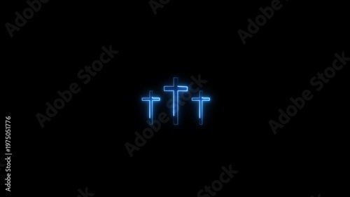 Panoramic wide banner view from inside a dark rocky cave tomb looking out at three crosses on transparent background.