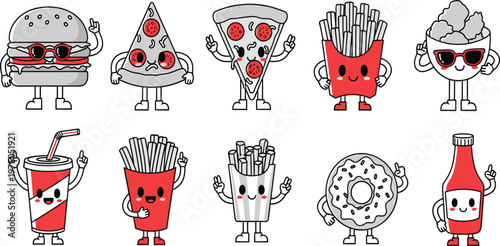 Cute Fast Food Cartoon Characters Set with Burger, Pizza, Fries, Soda, Donut, and Ketchup Bottle in Funny Kawaii Style Illustration Collection