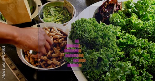 Kale bowl filling right side, translucent overlay appearing, hand scooping tubers and leveling prep