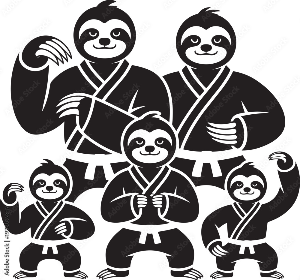Fototapeta premium 5 sloths wearing martial arts uniforms in a group pose as a monochromatic vector illustration