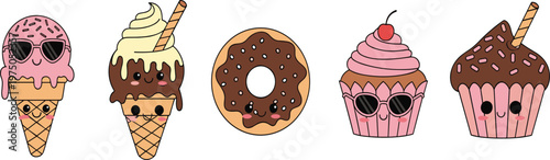 Cute Kawaii Dessert Characters Set with Ice Cream Cones, Donut, and Cupcakes, Sweet Cartoon Food Illustrations with Funny Faces for Kids Design and Bakery Branding