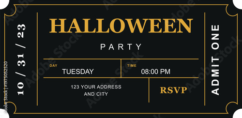 Vintage Halloween party ticket vector, elegant black and gold event invitation, spooky admit one cinema style pass with RSVP details