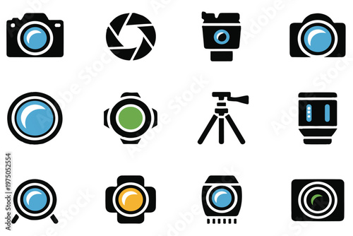 Comprehensive photography and camera equipment icons featuring lens aperture tripod and studio lighting symbols in black and blue colors
