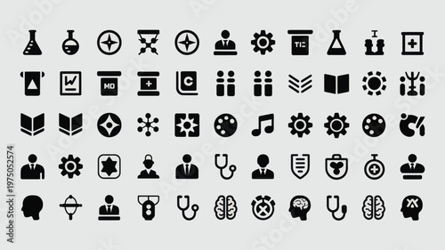 Set of 60 Black Medical Health Science Icons Vector