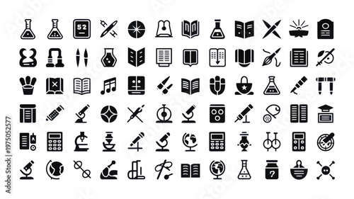 Set of 70 Black and White Education Science Glyphs Vector Icons