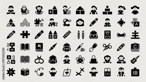 Set of 60 Black Education and School Icons Vector