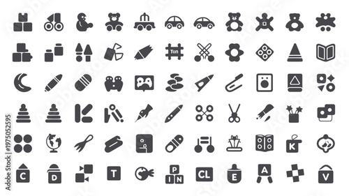 Set of 60 Black and White Toy and Education Icons Vector