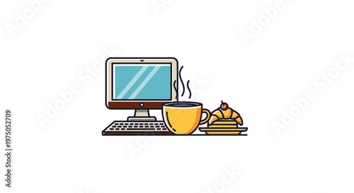 Workplace breakfast: A steaming cup of coffee next to a croissant and a computer, embodying the start of a productive workday and the seamless blend of work and relaxation.