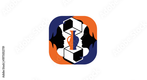 Artistic Fusion: An abstract composition, two silhouettes facing a vase between two cubes, forming an intriguing design. The piece showcases a creative balance. 