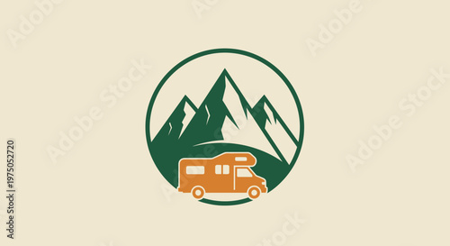 RV Adventure: A stylized illustration of a recreational vehicle set against a backdrop of majestic mountains and a tranquil camping scene, ideal for outdoor leisure activities.