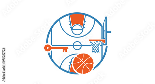 Basketball Key Concept: A creative illustration highlighting core elements of basketball: the key, the court, the basket, and the ball, all symbolizing strategy and control in the game.