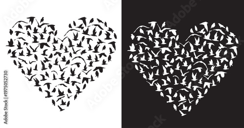 Soaring Love: A Heart of Flying Birds: A captivating visual metaphor of love, formed by a multitude of silhouettes of birds in flight, against a backdrop of contrasting colors.