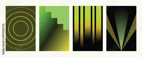 Modern geometric cover set with green and yellow gradient patterns on dark olive backgrounds.