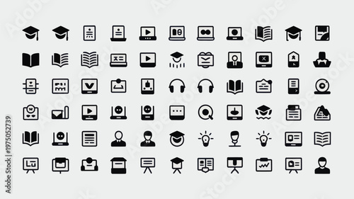 Set of 64 Black and White Education and E-learning Icons Vector
