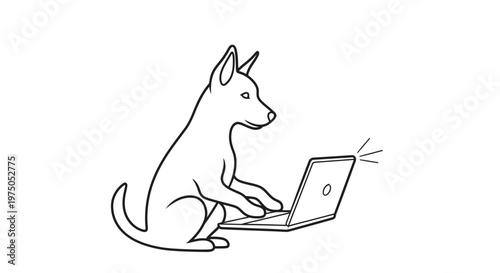 Digital Canine: A clever canine appears engrossed in the task, focused on typing on a laptop, showing a blend of technology and companionship.