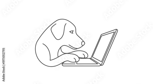Clever Canine's Digital World: An artistic line drawing depicts a smart dog engaging with a modern laptop, symbolizing the integration of technology and the companionship of animals.