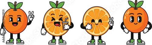 Cute Orange Slice and Whole Fruit Mascot Characters with Funny Expressions Peace Sign and Juice Drinking Cartoon Vector Illustration Set