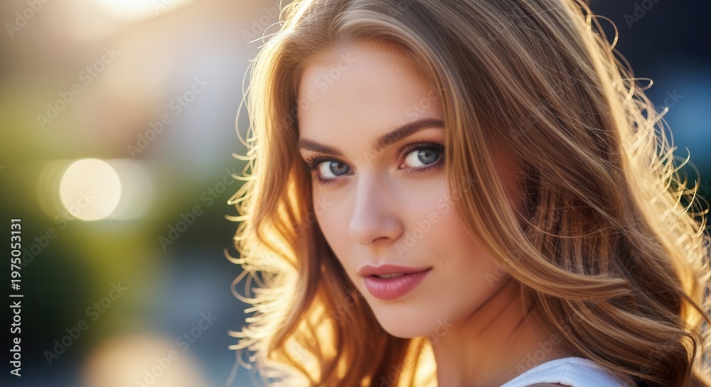 Naklejka premium A beautiful smiling brunette teenager with green eyes enjoys the summer happiness of nature during a fashion model closeup in an outdoor park