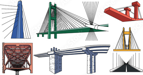 Modern Cable Stayed Bridge Vector Set Featuring Suspension Architecture Structural Engineering Elements and Infrastructure Design Icons for Civil Construction and Transportation Projects