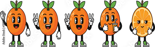 Cute Orange Fruit Mascot Character Set with Different Poses Including Peace Sign Thumbs Up Juice Drinking and Slice View Cartoon Vector Illustration