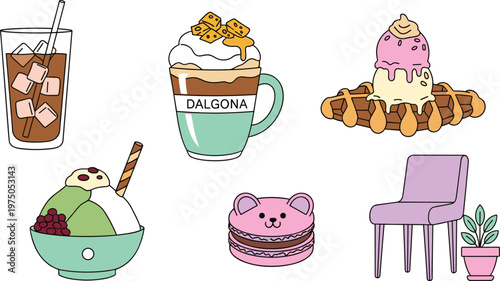 Modern Korean Cafe Icon Set Featuring Dalgona Coffee Croffle Shaved Ice Bingsu and Cute Macarons for Dessert Menu Lifestyle and South Korea Food Branding