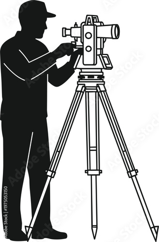 Land surveyor silhouette with total station theodolite and tripod for construction and engineering vector