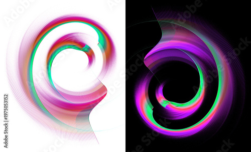 Colorful abstract layered blades spinning on black and white backgrounds. Icon, logo, symbol, sign. Set. 3D rendering. 3D illustration.