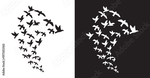 Birds in Flight Silhouette:  A mesmerizing visual depicting a flock of birds taking flight, their silhouettes creating a dynamic shape, with a contrast between light and dark backgrounds.
