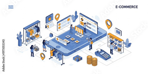 E Commerce Online Shopping Concept Illustration with Mobile Store, Digital Payment, Customers, Retail Products, and Modern Marketplace Technology Design