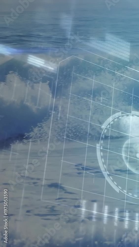 Vertical video: HUD fading as wave peaking, surfer carving, grids passing surfer scanning surf tech