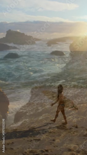 Vertical video: Surfer spotting waves walking to surf for sport, animated waves overlaying onto her