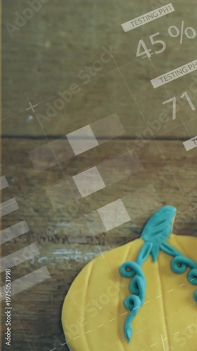 Vertical video: Sliding HUD revealing teal yellow cookie on wood plank, showing stats, copy space