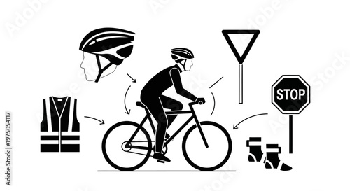 Bicycle safety illustration featuring cyclist with helmet and road signs.