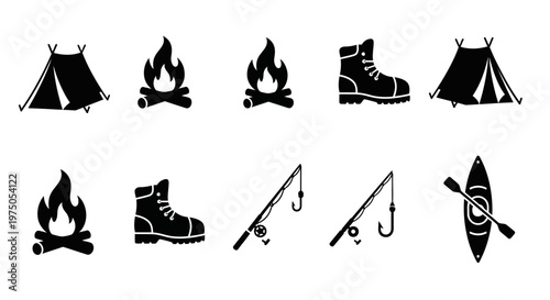 Set of camping and outdoor activity silhouette icons including tents campfires hiking boots fishing rods and kayak.