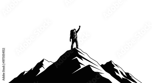 Silhouette of a climber standing on a mountain peak raising his arm in victory.