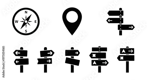 Set of Black Navigation and Direction Signpost Icons with Compass and Map Pin.