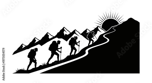Group of four hikers climbing a steep mountain path silhouette illustration.