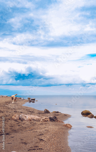 A view of Lake Iznik in spring and two dogs.
