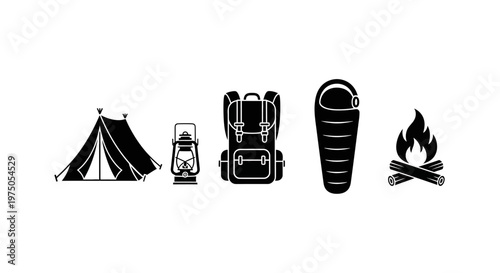 Camping gear and equipment icons set.