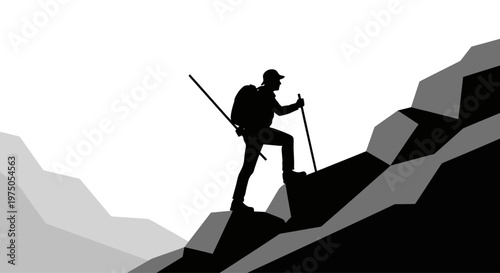 Man climbing steep rocky mountain trail.