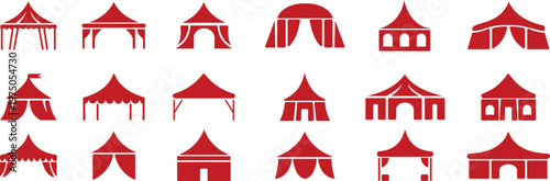 Event tent canopy pavilion icon set collection group in black red flat and line style vector illustration, camping shelter marquee gazebo awning symbol pack minimal outline design bundle