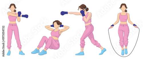 Flat vector illustration of boxing and fitness exercises set. Female athlete training with gloves, punches, abs workout and jump rope isolated on white